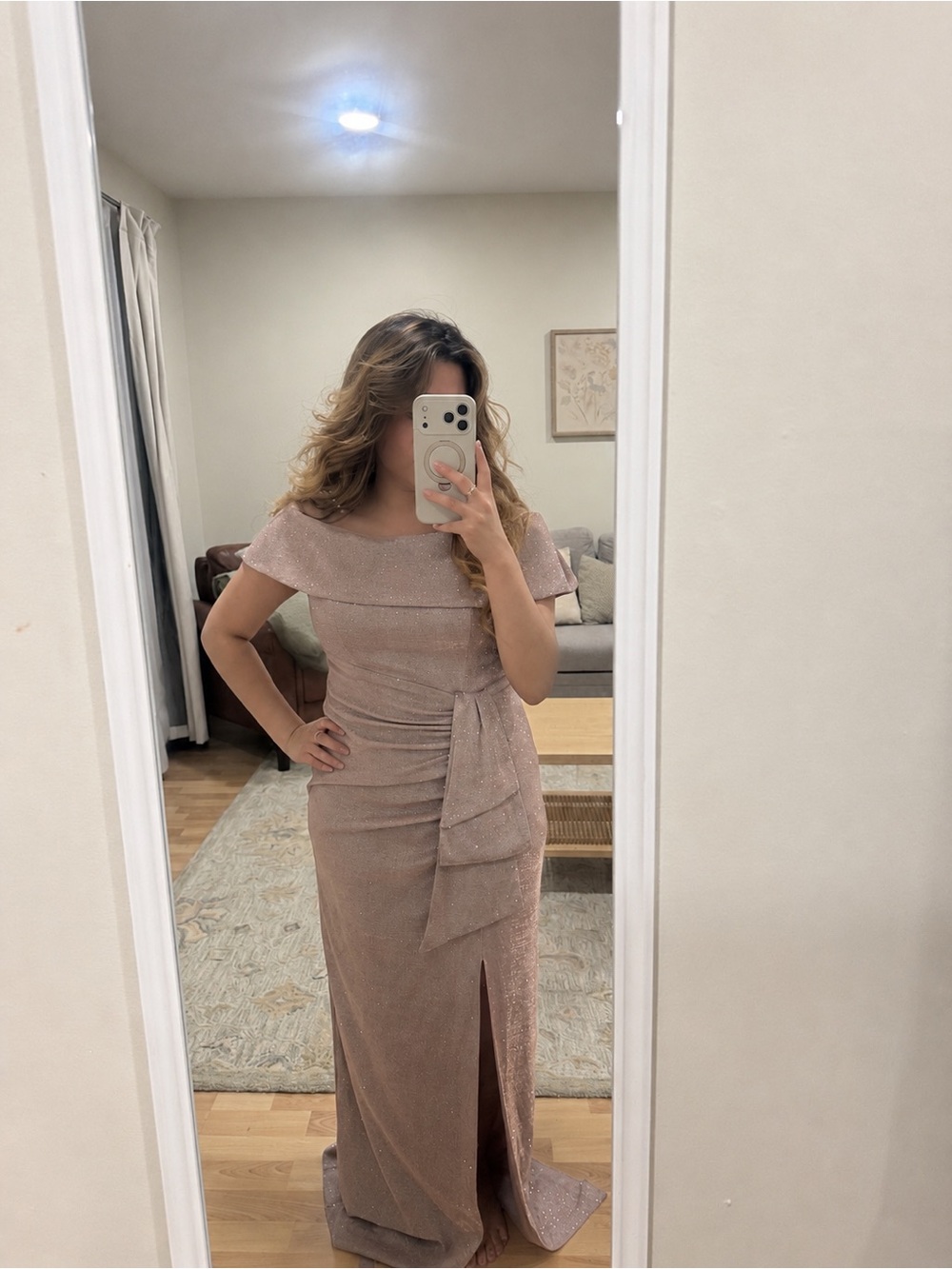 Elegant Off-Shoulder Rose Gold Evening Gown